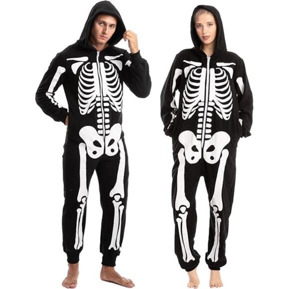 COPY - Adult Skeleton Pajamas with a plush hoodie, perfect for Halloween-themed - Picture 2 of 8